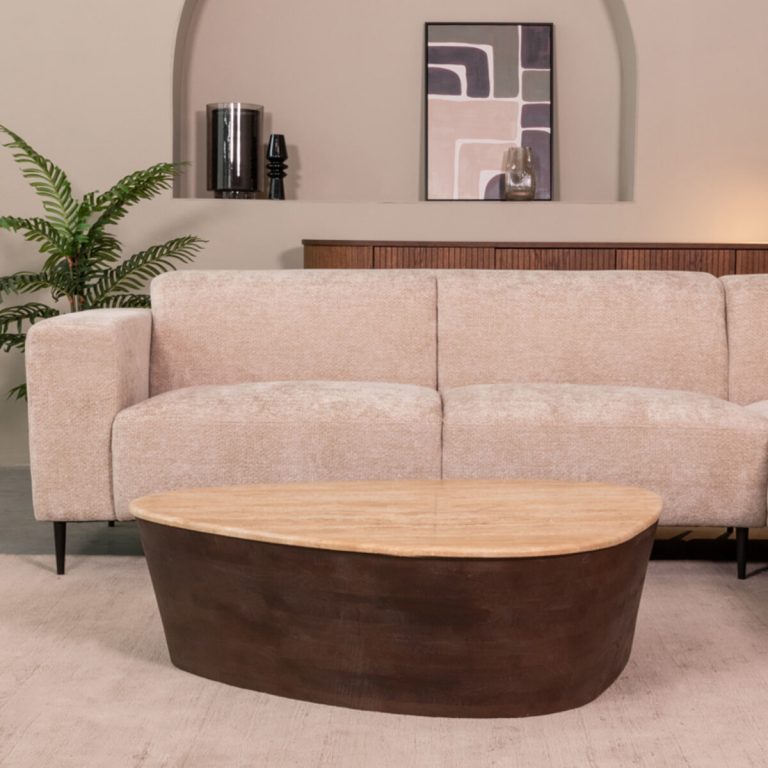 LABEL51 Organische Salontafel Ravi Travertin en hout, 110 x 80cm - Espresso