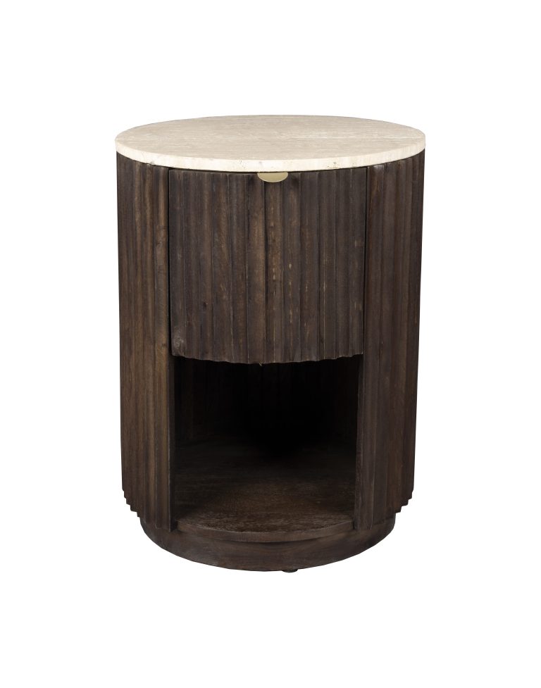 Dutchbone Bijzettafel/Nachtkastje Marlow Mangohout en Travertin - Bruin,Hout - Rond