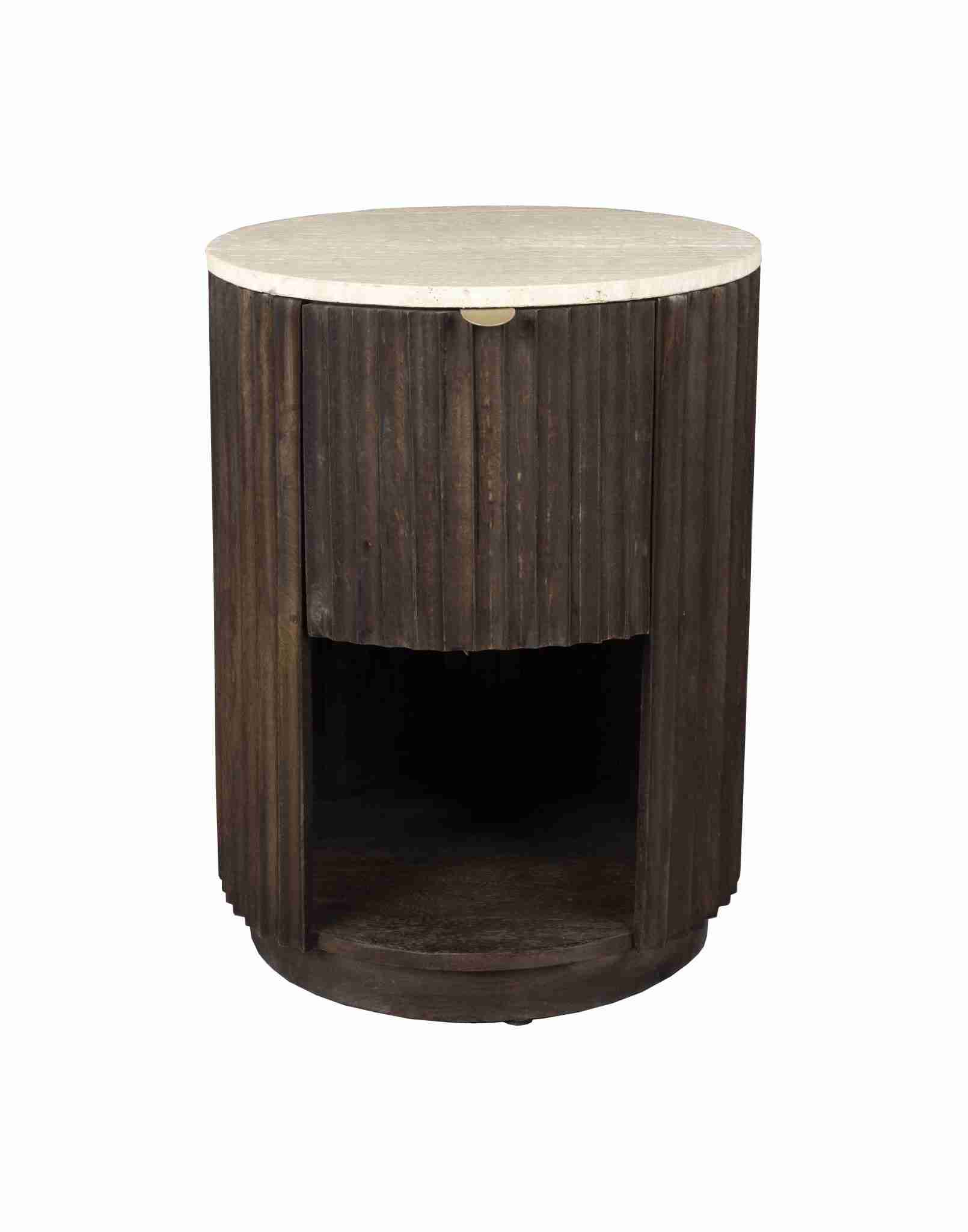 Dutchbone Bijzettafel/Nachtkastje Marlow Mangohout en Travertin - Bruin,Hout - Rond