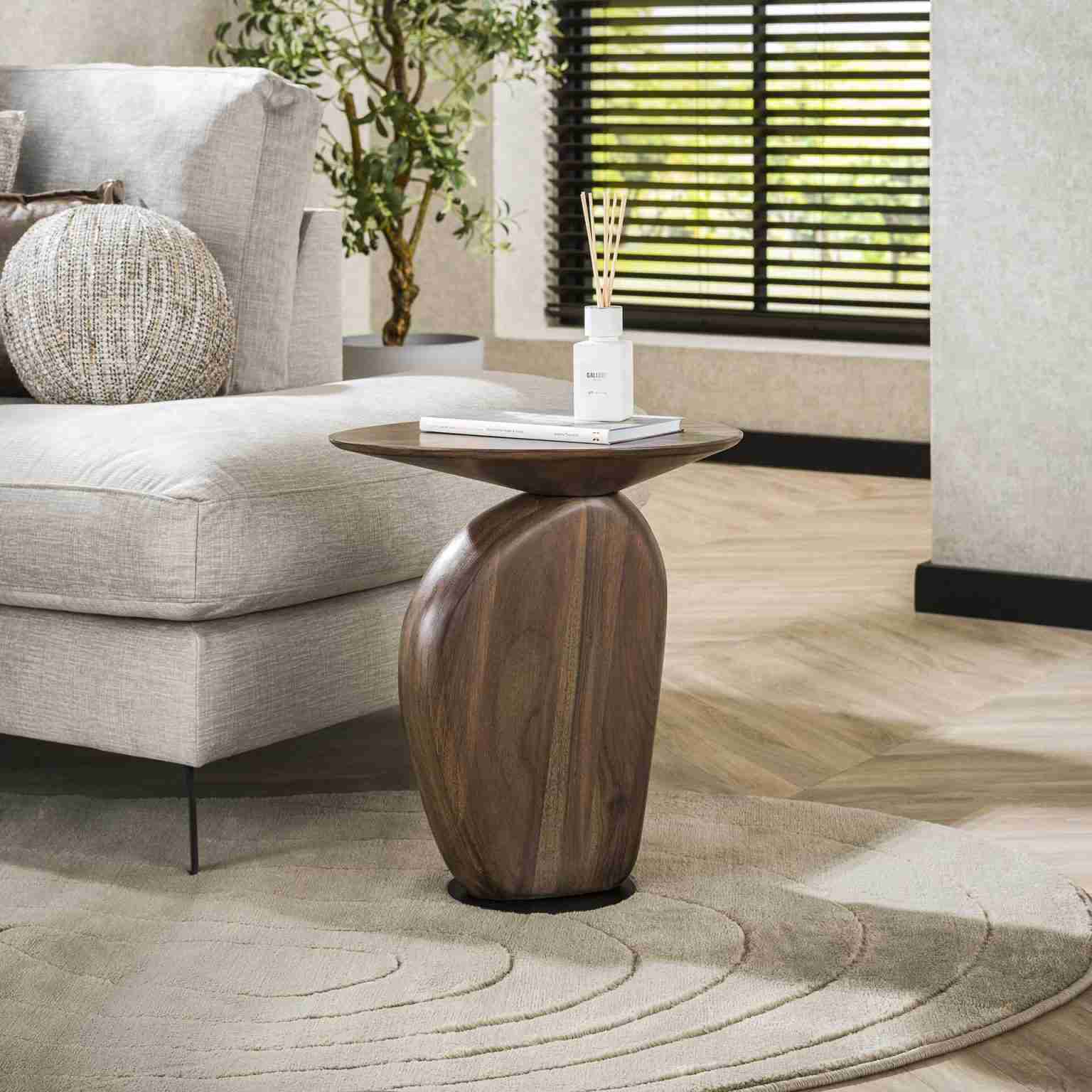 LifestyleFurn Organische Bijzettafel Linsie Acaciahout, 45 x 36cm - Massief acacia glaze brown - Rond