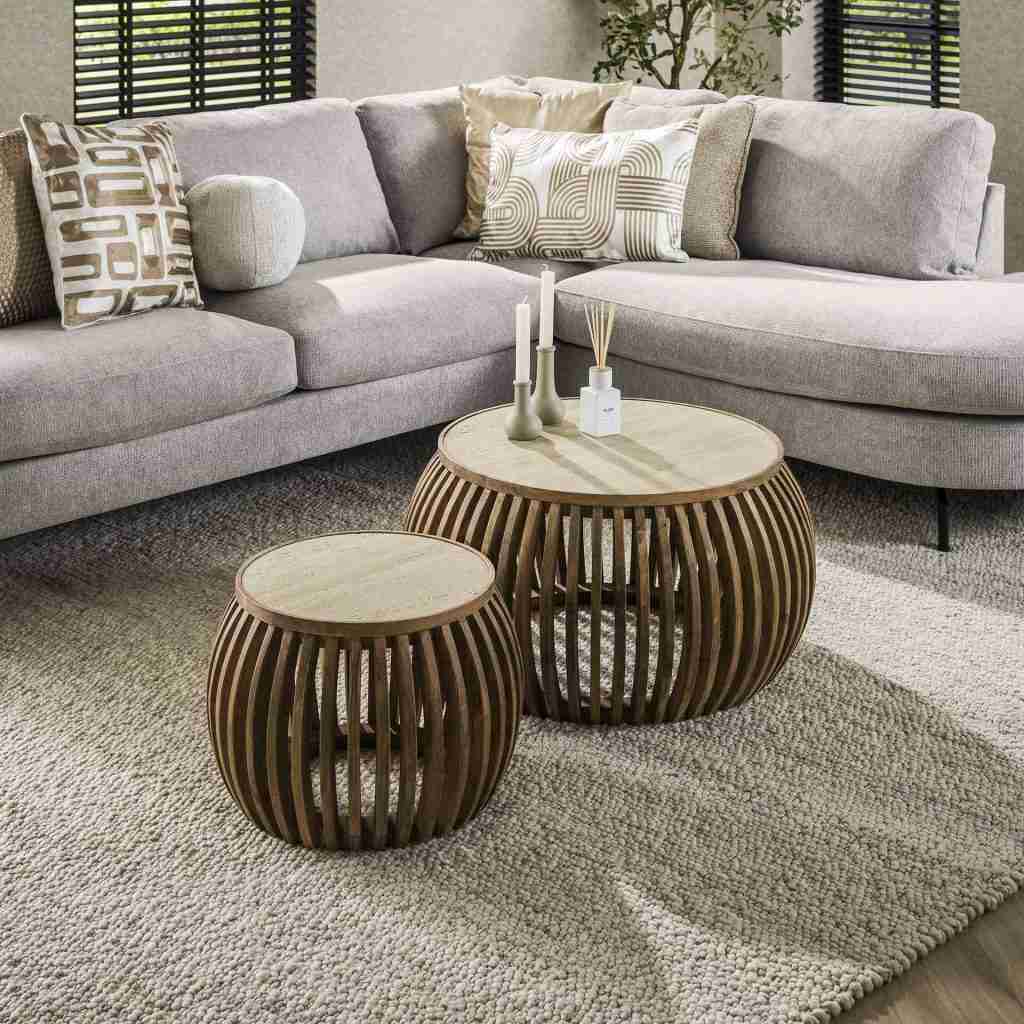 LifestyleFurn Ronde Salontafel Beckie Mangohout en travertinlook, Set van 2 stuks - Massief mango zandkleur