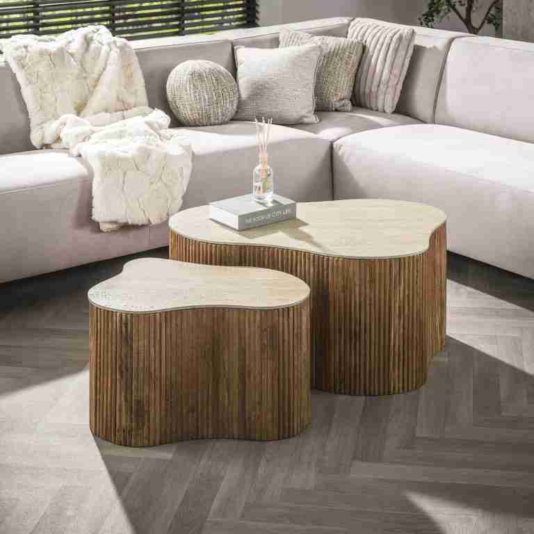 LifestyleFurn Organische Salontafel Beckie Mangohout en Keramiek in Travertin-look, Set van 2 stuks - Bruin