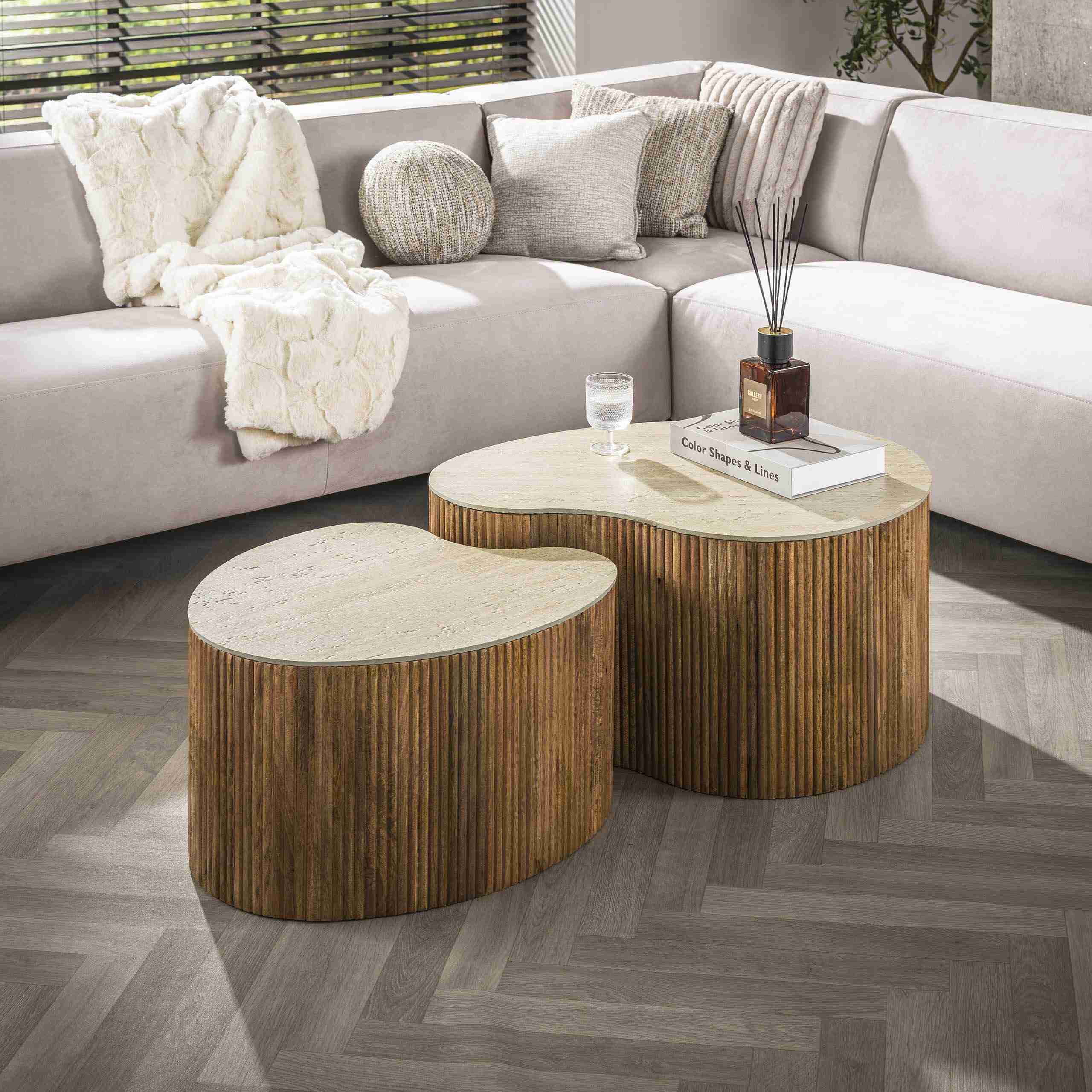 LifestyleFurn Niervormige Salontafel Beckie Mangohout en Keramiek in Travertin-look, Set van 2 stuks - Bruin - Organisch