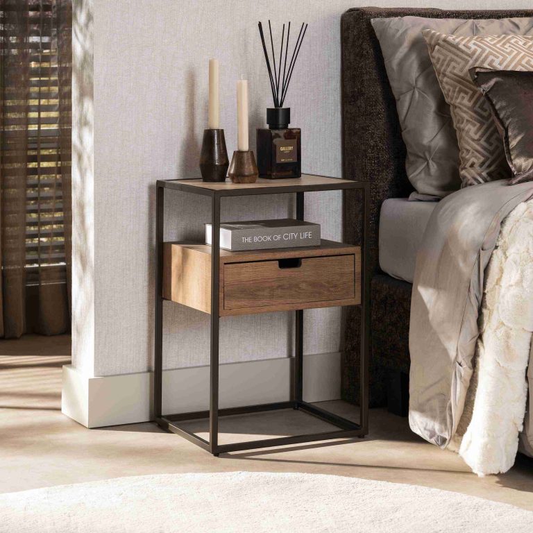 LifestyleFurn Nachtkastje Thom Travertin- en eikenlook, Met 1 lade - Bruin