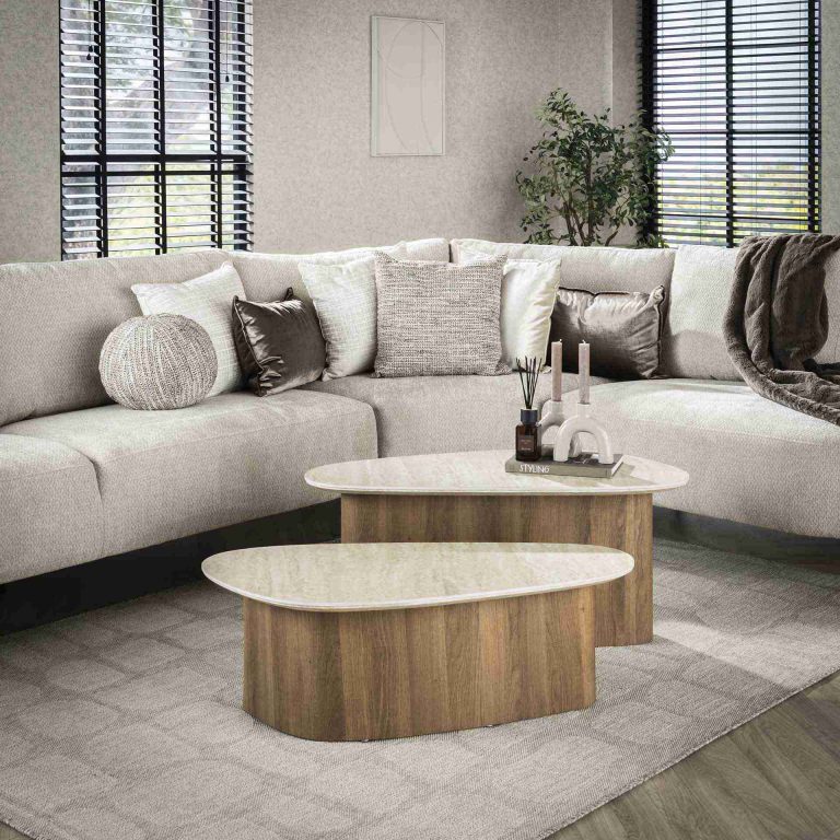 LifestyleFurn Organische Salontafel Laycie Keramiek in Travertin-look, Set van 2 stuks - Bruin - Japandi