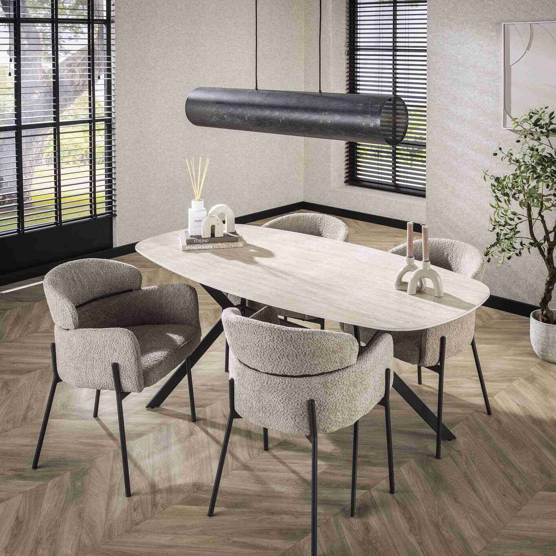 LifestyleFurn Deens Ovale Eettafel Andrienne Keramiek in Travertin-look, 180 x 90cm - Ceramic travertine - Ovaal