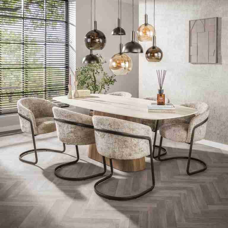 LifestyleFurn Deens Ovale Eettafel Lacyie Keramiek in Travertin-look, 215 x 105cm - Bruin - Ovaal
