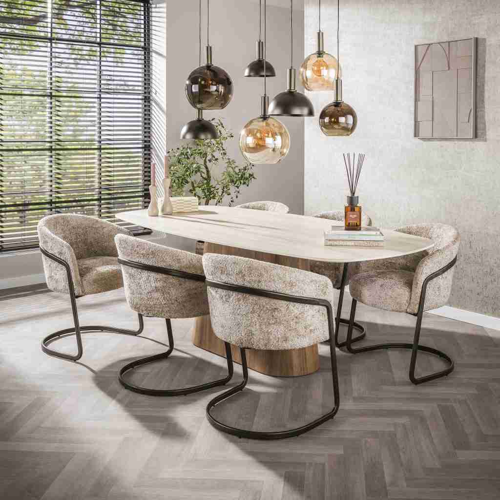 LifestyleFurn Deens Ovale Eettafel Lacyie Keramiek in Travertin-look, 215 x 105cm - Bruin - Ovaal