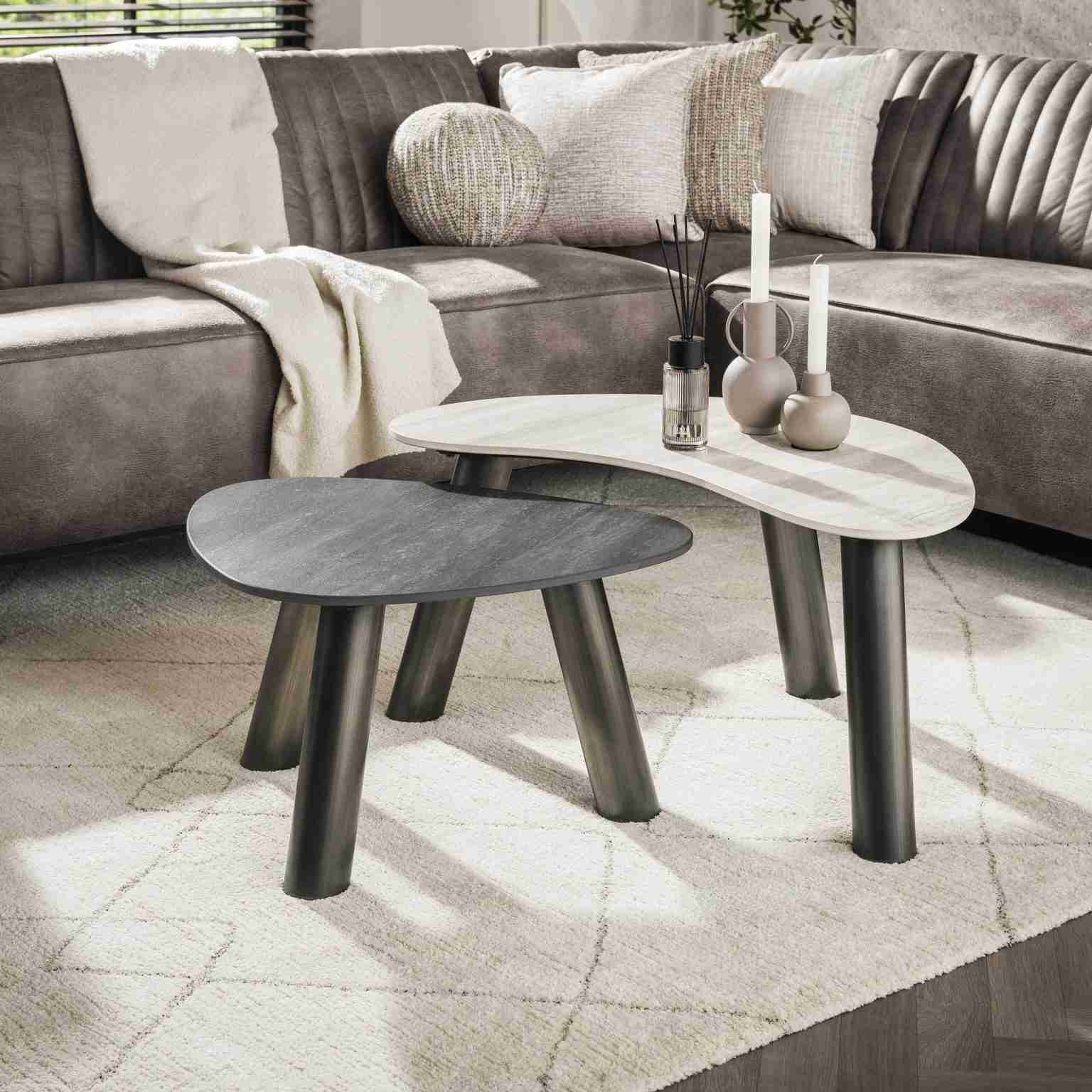 LifestyleFurn Organische Salontafel Dallen Keramiek met travertinlook, Set van 2 stuks - Grijs