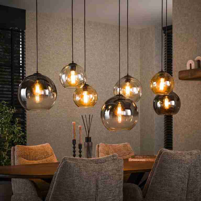 LifestyleFurn Hanglamp Willaim 7-lamps, Glas - Chroom, Amber en Grijs