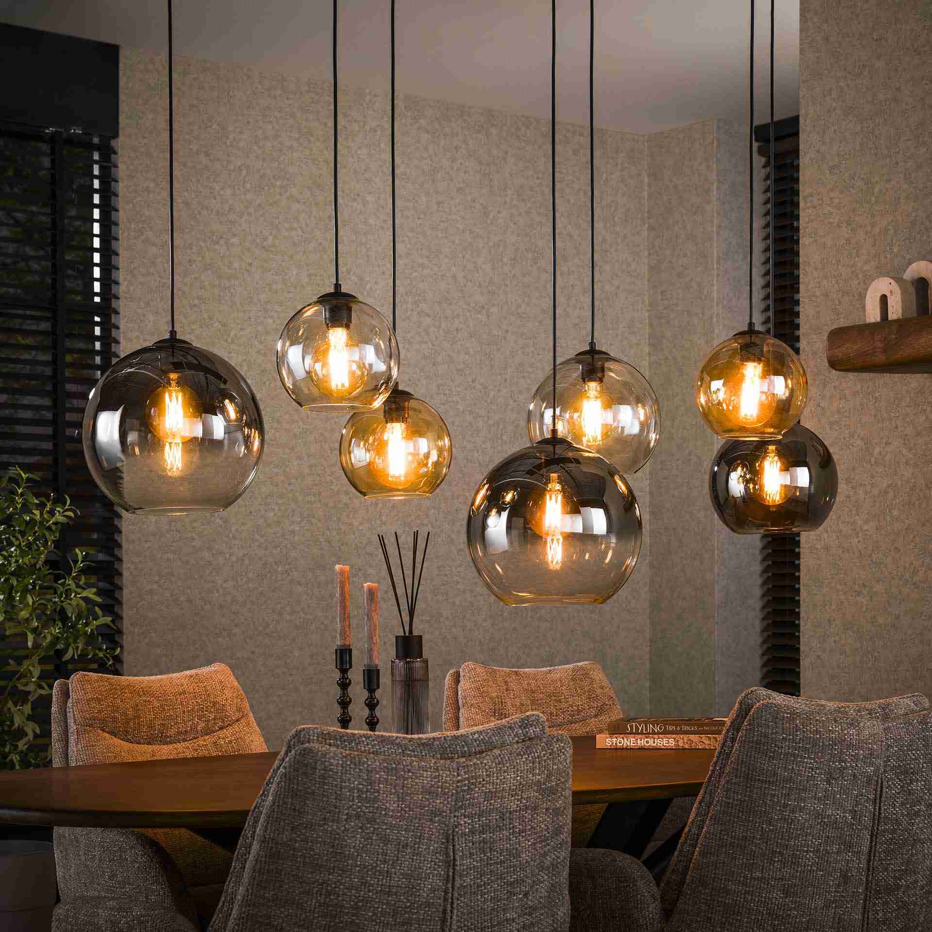 LifestyleFurn Hanglamp Willaim 7-lamps, Glas - Chroom, Amber en Grijs