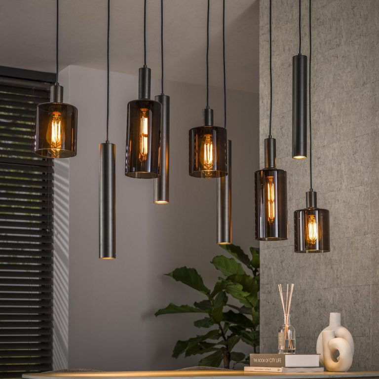 LifestyleFurn Hanglamp Homer Glas en metaal, 5+4-lamps - Bruin