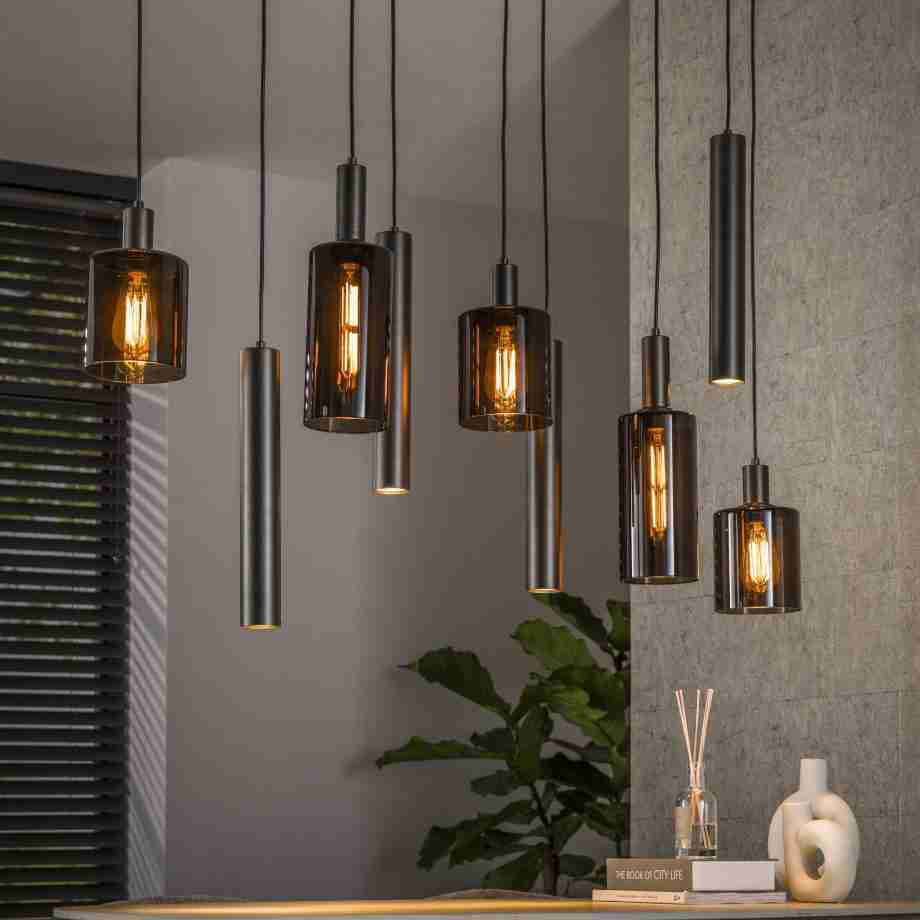 LifestyleFurn Hanglamp Homer Glas en metaal, 5+4-lamps - Bruin