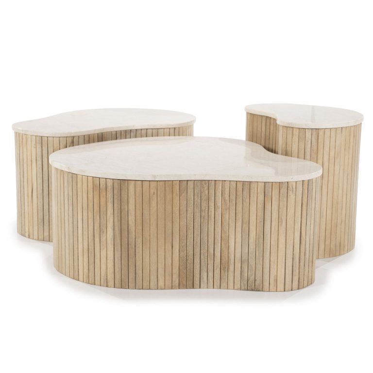 Eleonora Organische Salontafel Kira Mangohout en marmer, Set van 3 stuks - Beige