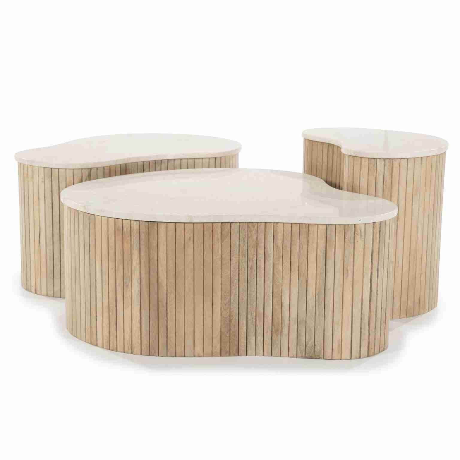 Eleonora Organische Salontafel Kira Mangohout en marmer, Set van 3 stuks - Beige