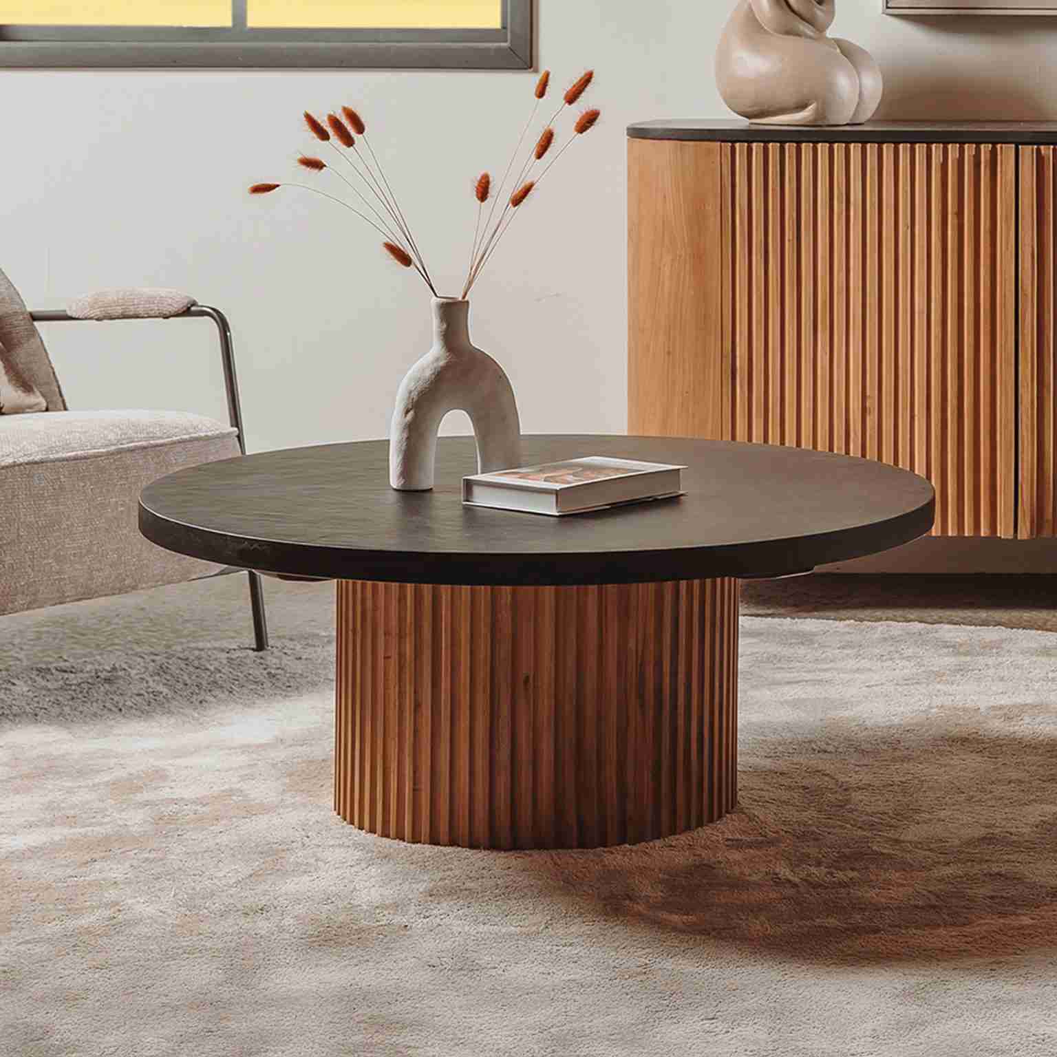 Tower Living Ronde Salontafel Palazzo Teakhout en mineraal stucwerk, 100cm - Zwart