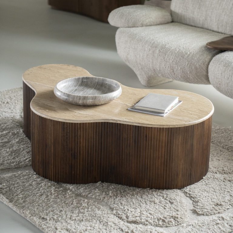 Eleonora Organische Salontafel Mari Mangohout en Travertin, 129 x 84cm - Bruin - Japandi