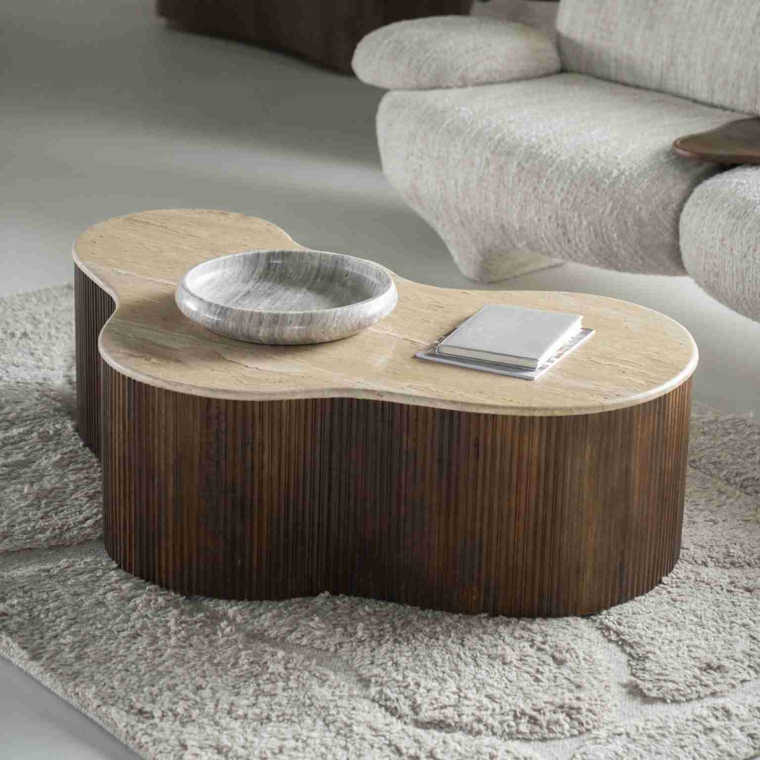 Eleonora Organische Salontafel Mari Mangohout en Travertin, 129 x 84cm - Bruin - Japandi
