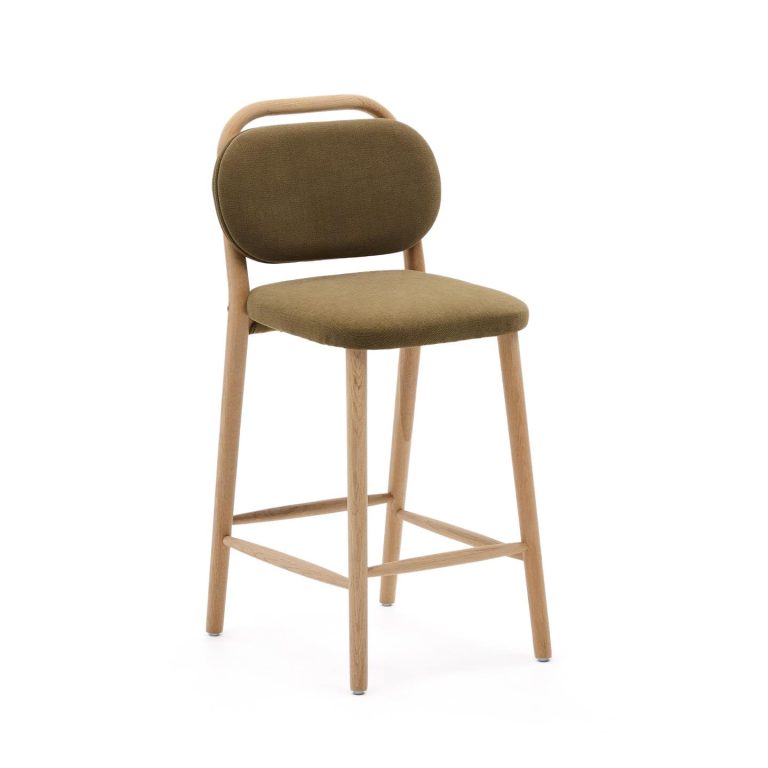 Kave Home Barkruk 'Helda' Chenille en eikenhout, kleur Groen (zithoogte 66cm)