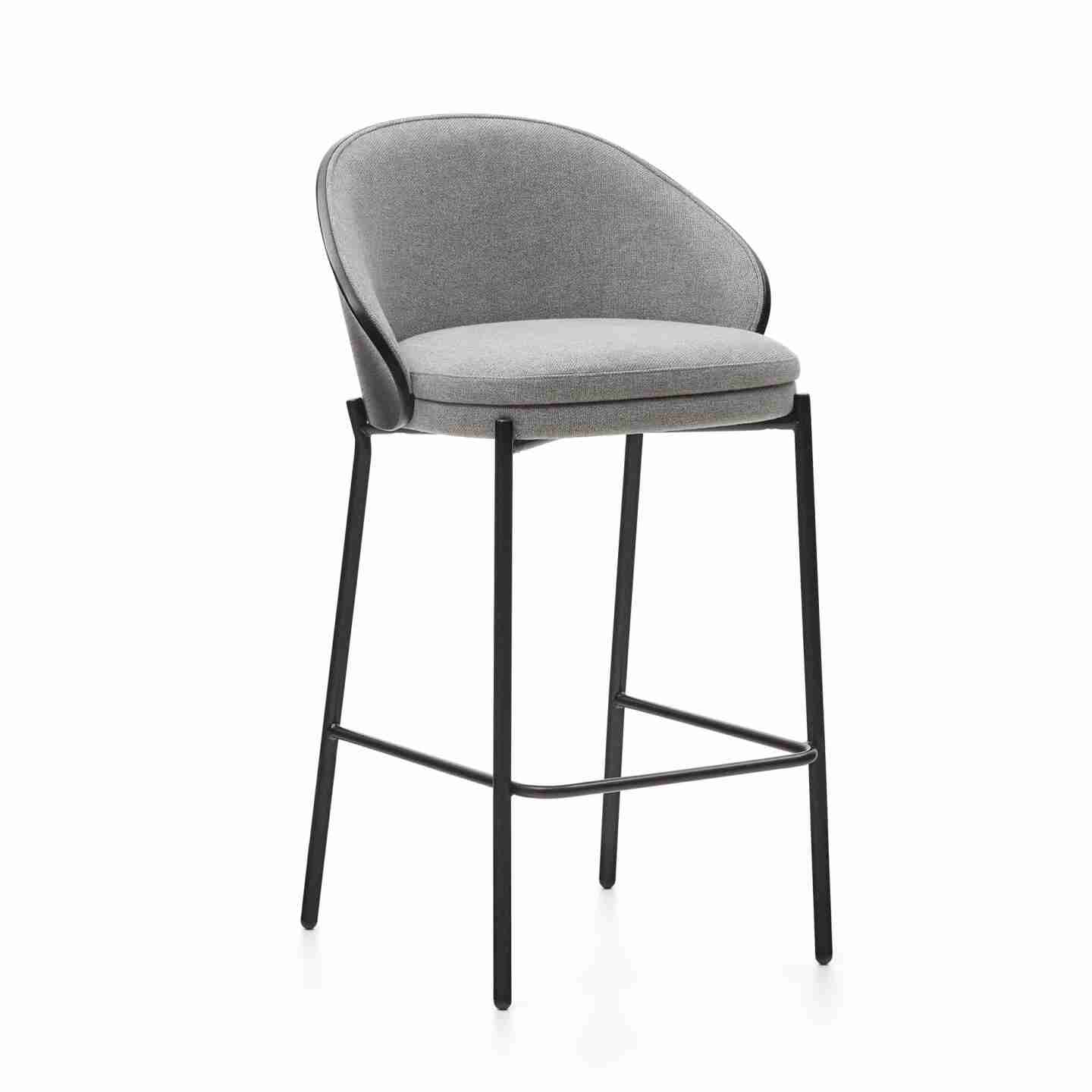 Kave Home Barkruk 'Eamy' Essenhout, kleur Lichtgrijs/Zwart (zithoogte 65cm)