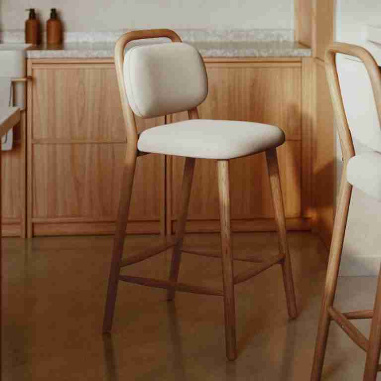 Kave Home Barkruk 'Helda' Chenille en eikenhout, kleur Beige (zithoogte 66cm)