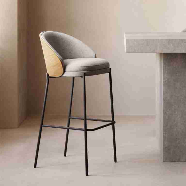 Kave Home Barkruk 'Eamy' Essenhout, kleur Lichtgrijs/Naturel (zithoogte 77cm)