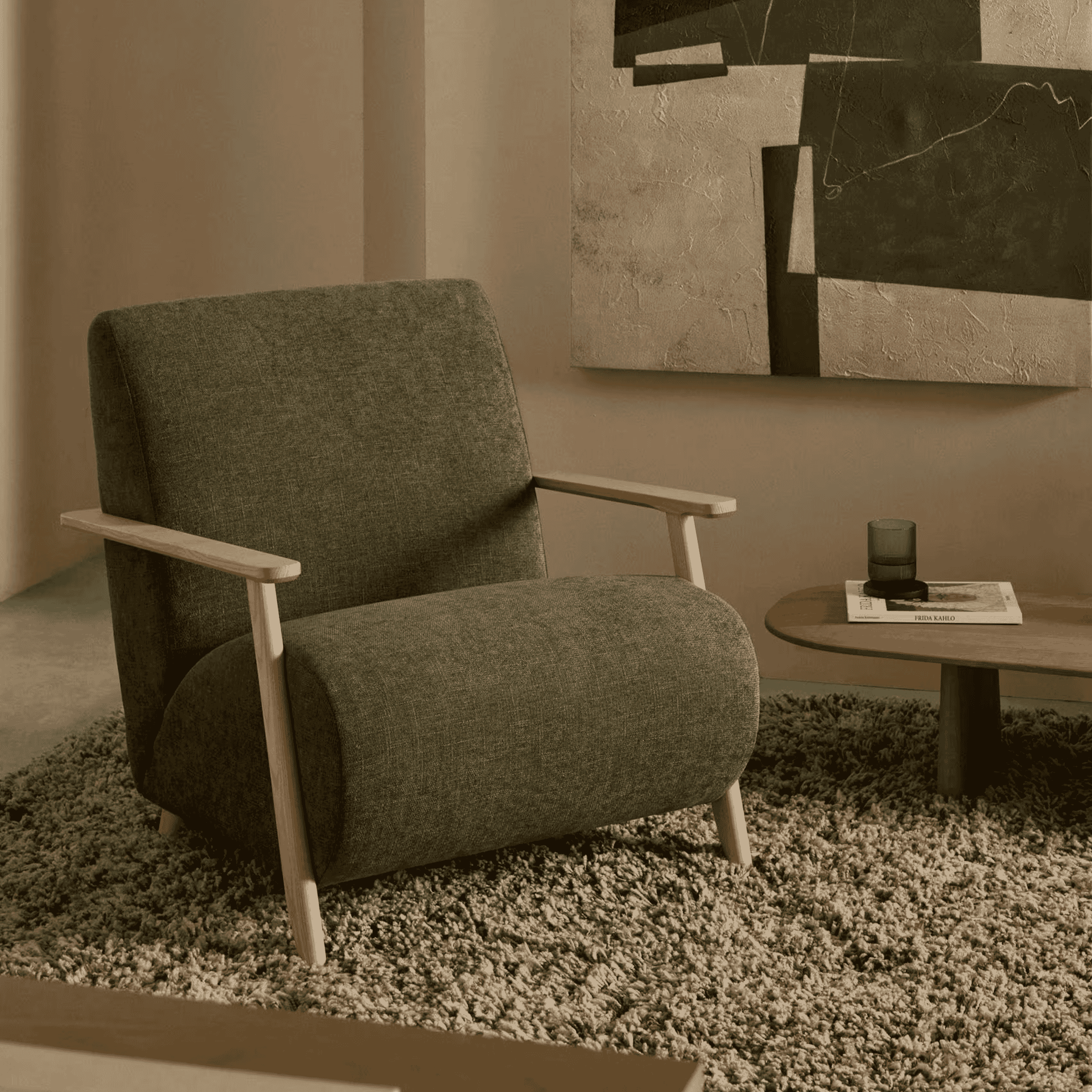 Kave Home Fauteuil 'Meghan' Chenille, kleur Groen/Naturel