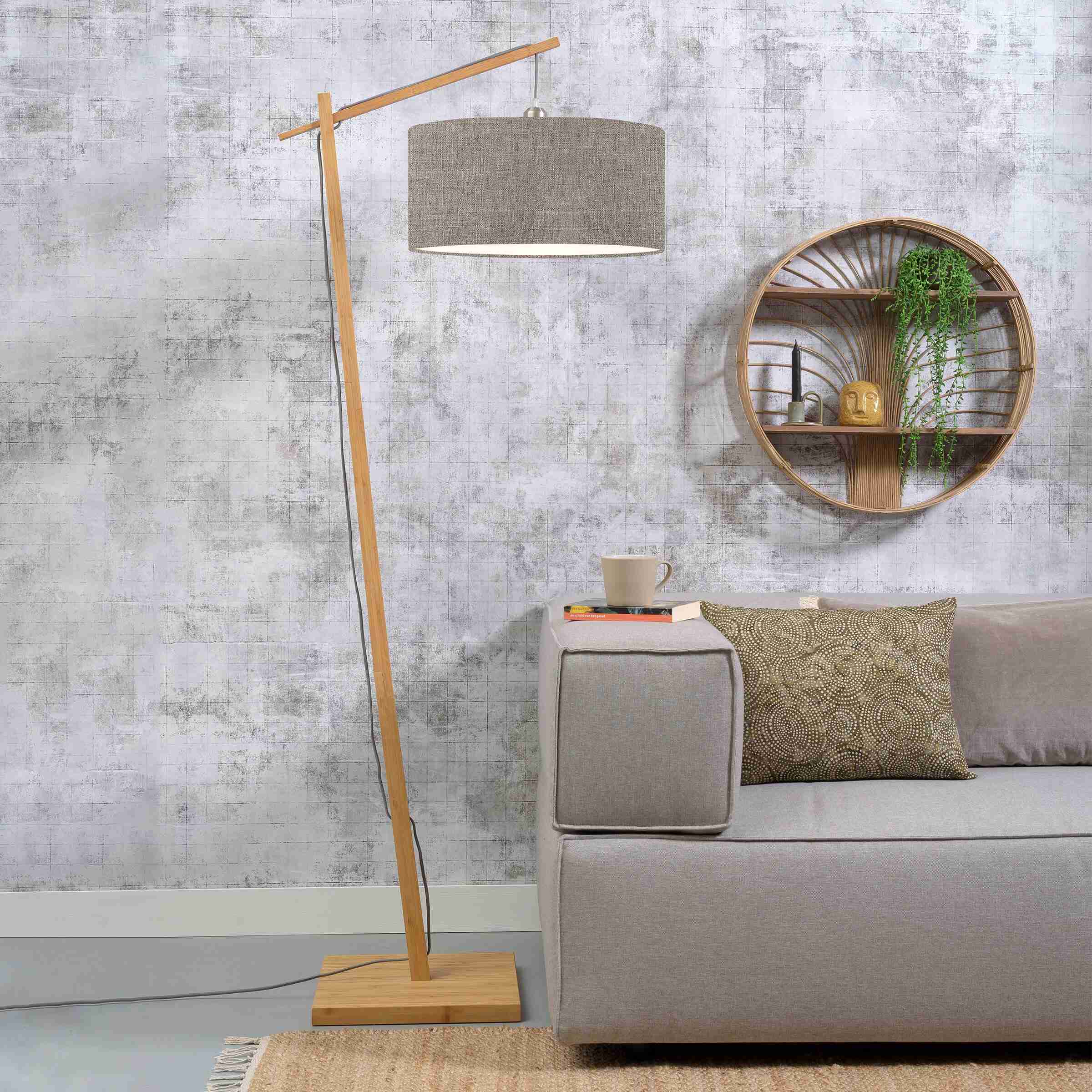GOOD&MOJO Vloerlamp 'Andes' Bamboe en Eco linnen, 176cm, kleur Donkerbeige