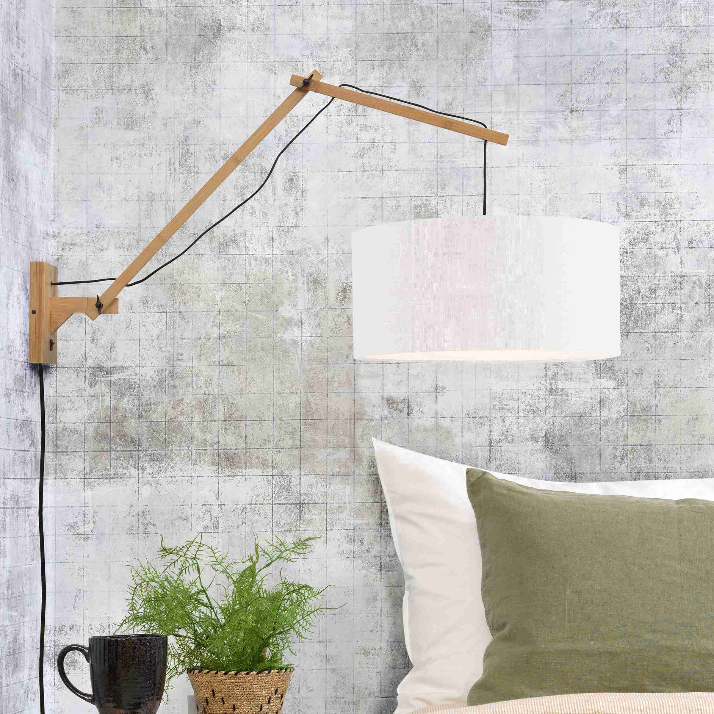 GOOD&MOJO Wandlamp 'Andes' Large, Bamboe en Eco linnen, kleur Wit/Naturel