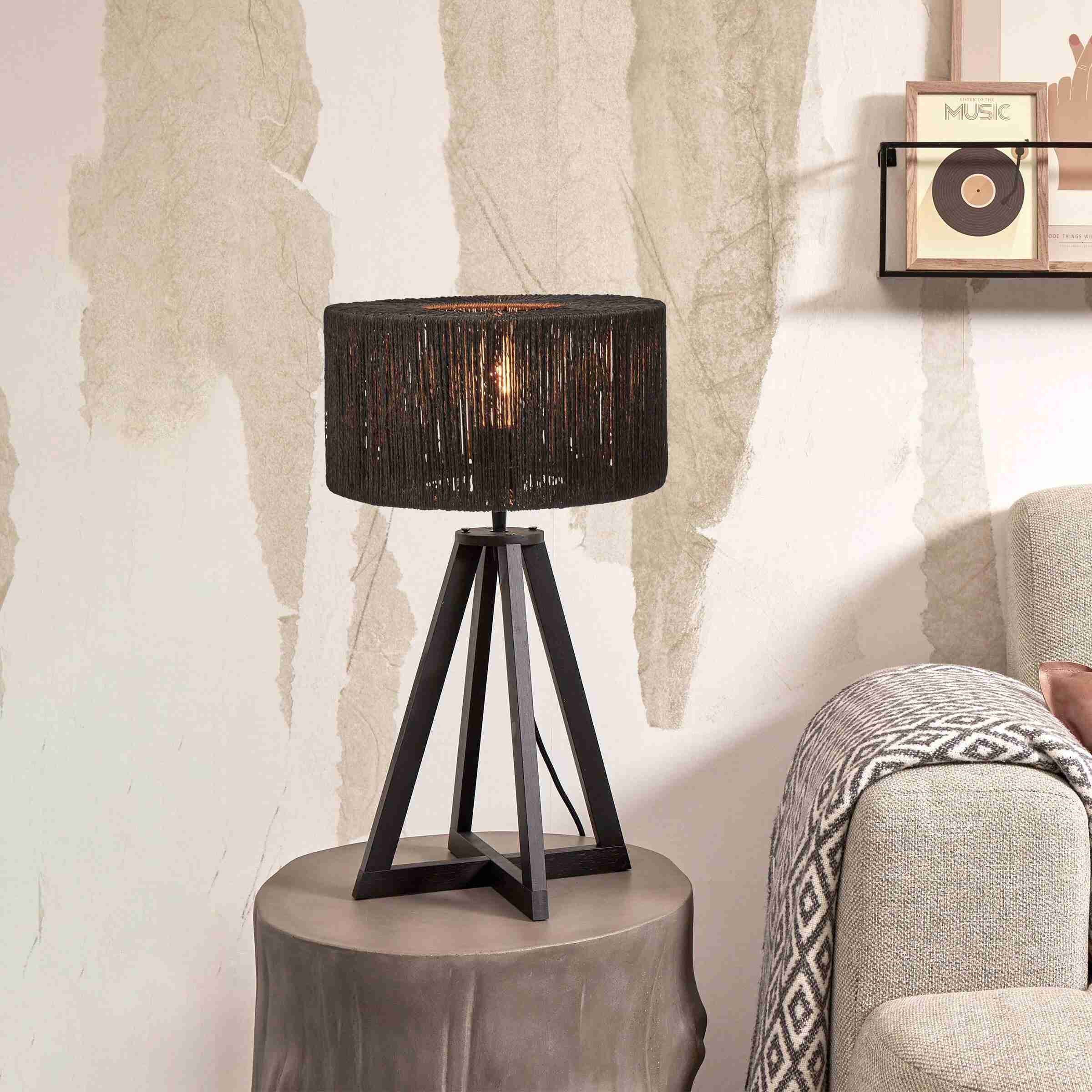 GOOD&MOJO Tafellamp 'Iguazu' 4-poot, Bamboe en jute, kleur Zwart