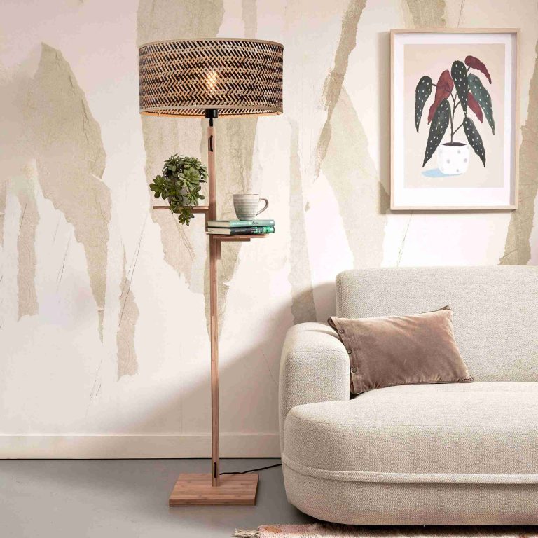 GOOD&MOJO Vloerlamp 'Java' Met 2 plankjes, Bamboe, 158cm, kleur Naturel/Zwart