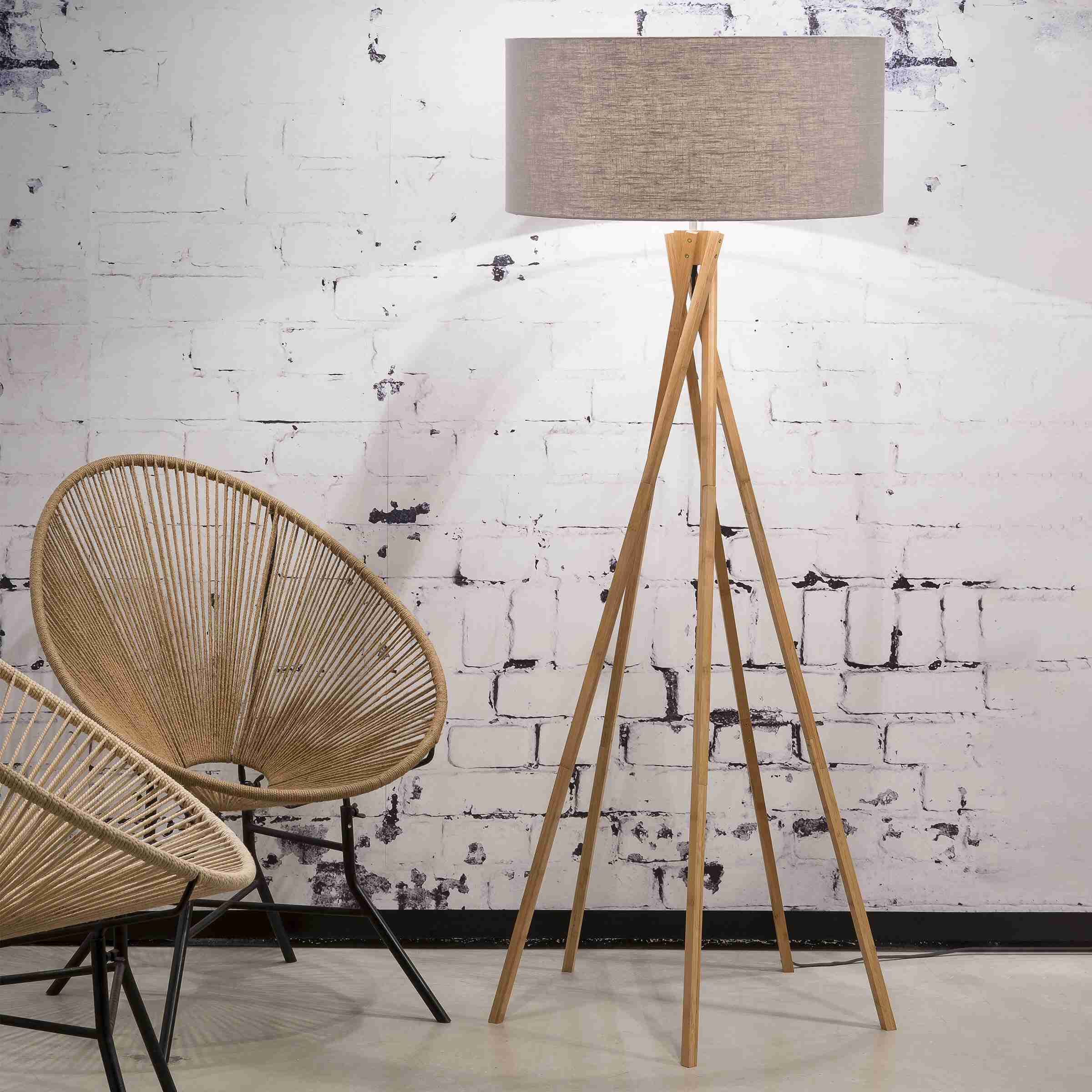 Good&Mojo Vloerlamp 'Kilimanjaro' Bamboe en Eco linnen, kleur Lichtgrijs