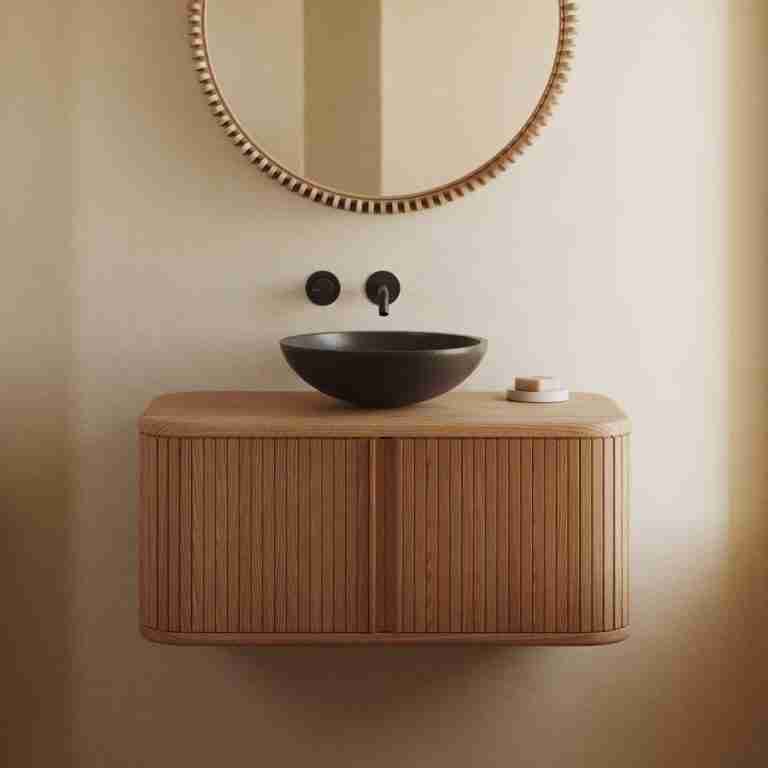 Kave Home Badkamermeubel 'Mailen' Essenhout, 90cm, kleur Naturel (excl. waskom)