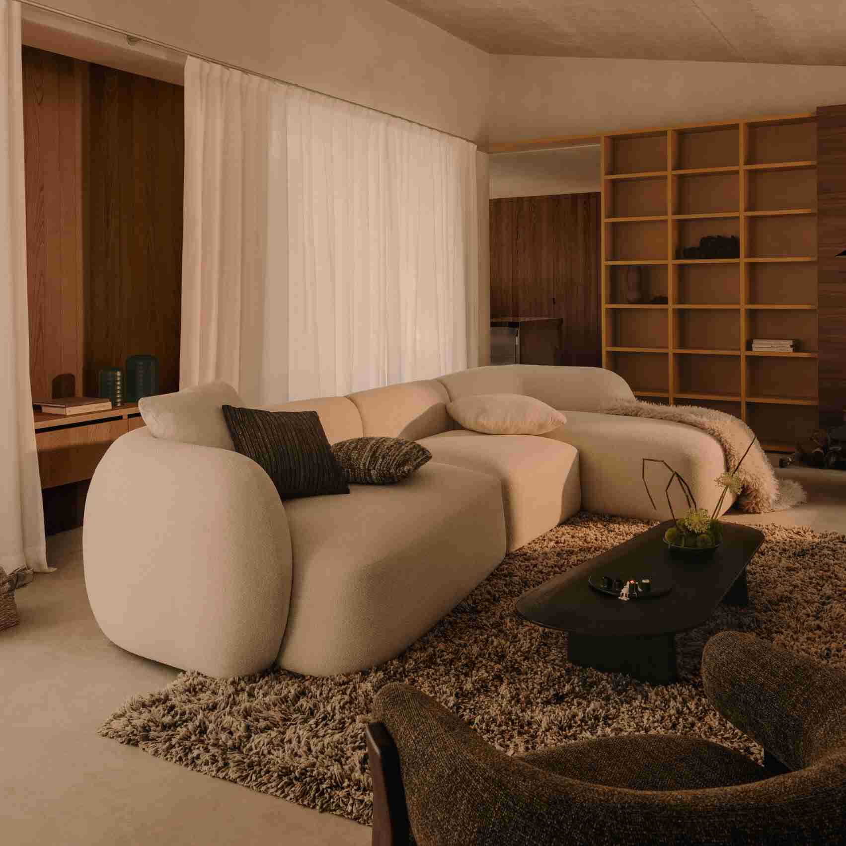 Kave Home 4-zits Loungebank 'Martina' Rechts, Structuurstof, kleur Ecru