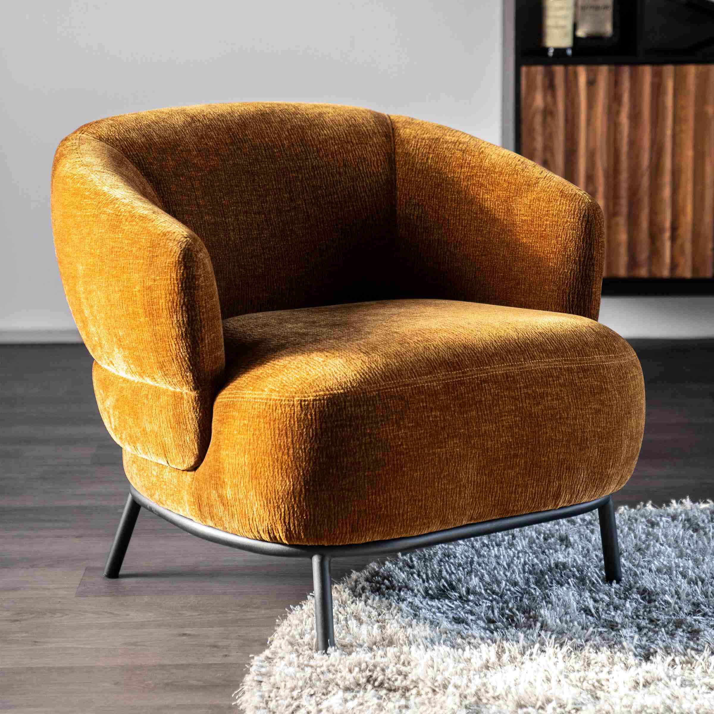 Eleonora Fauteuil 'David' Chenille, kleur Mosterdgeel