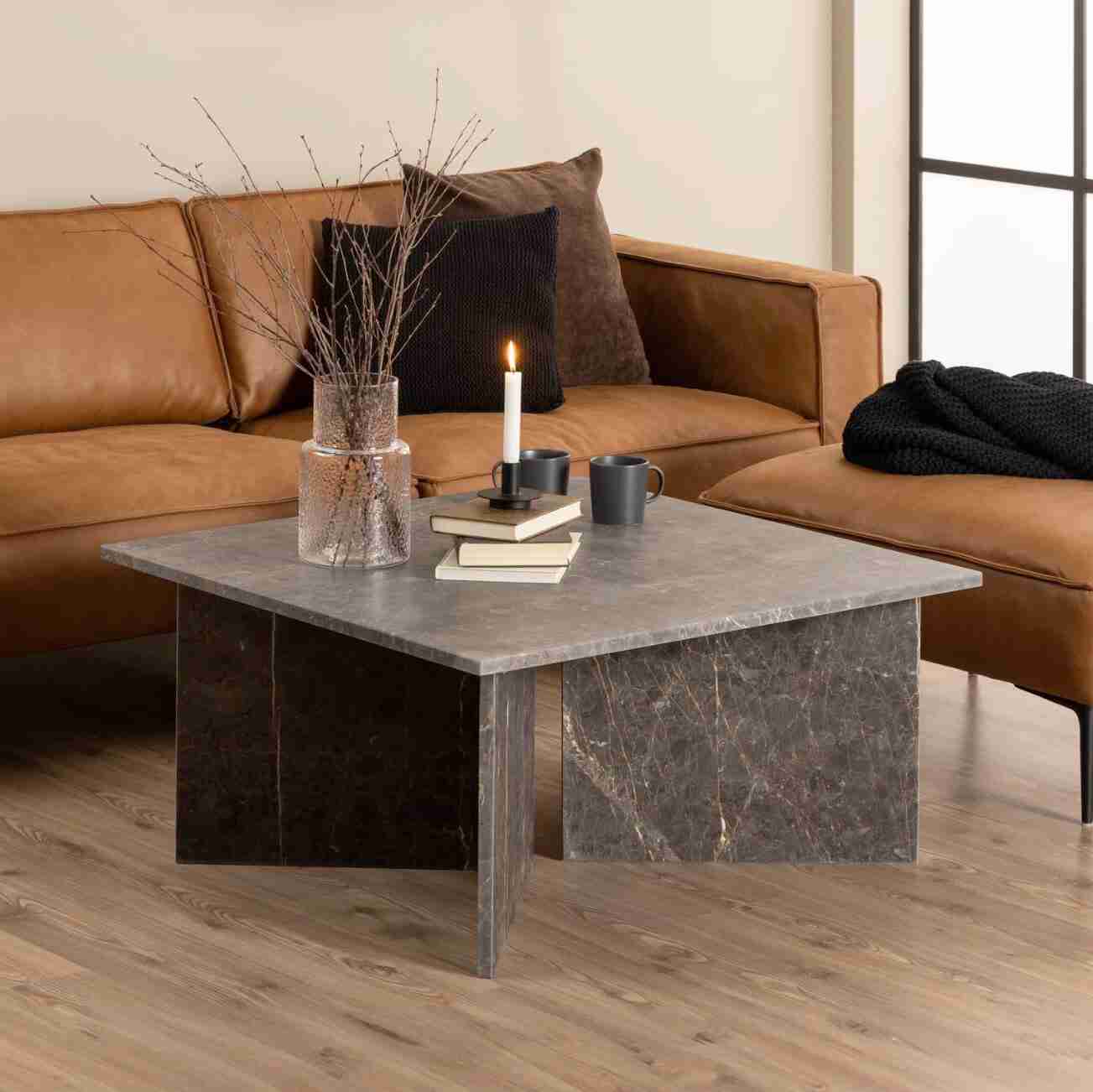 Bendt Vierkante Salontafel 'Shaunika' Marmer, 90 x 90cm, kleur Grijs/Bruin