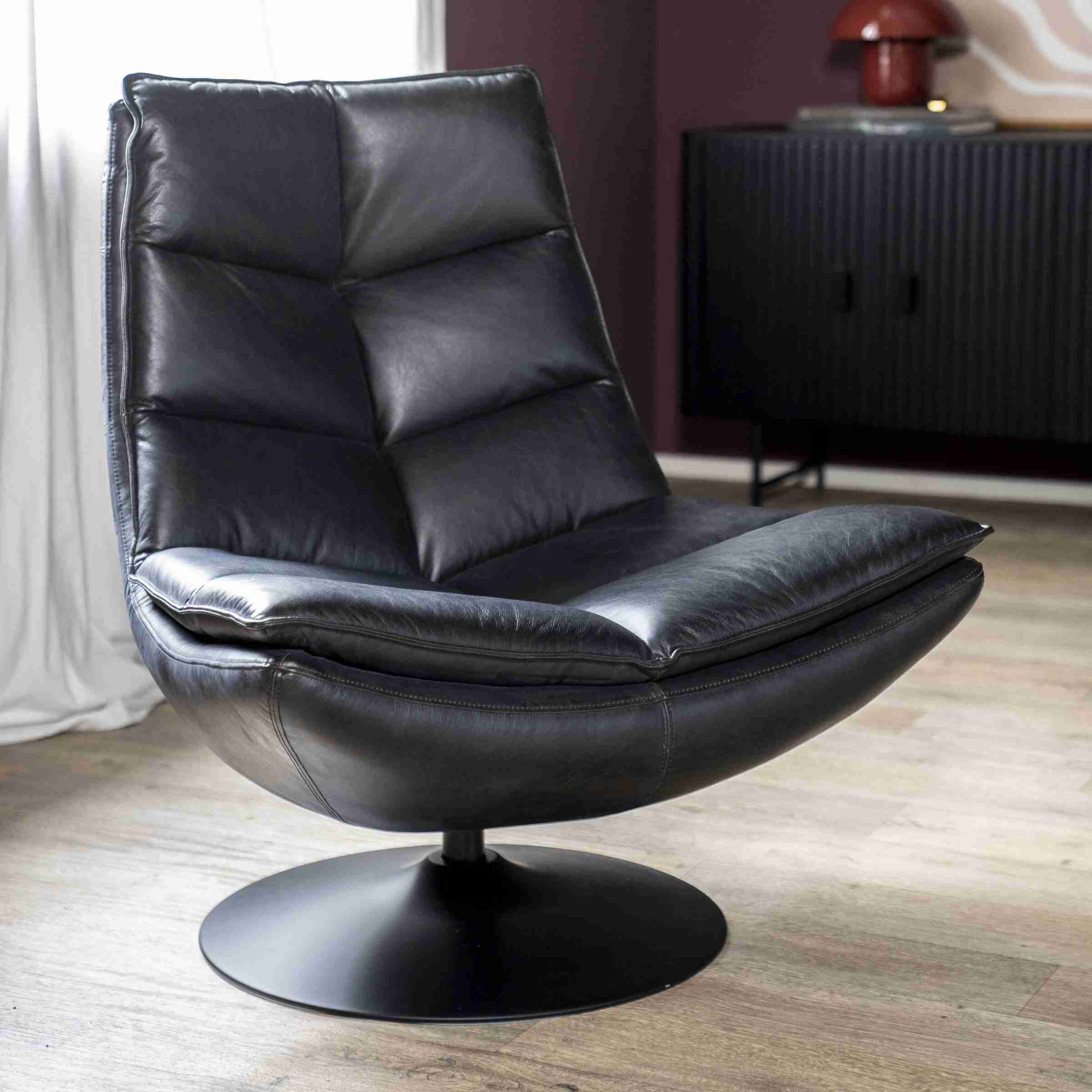 Eleonora Draaifauteuil 'Sven' Leder, kleur Zwart