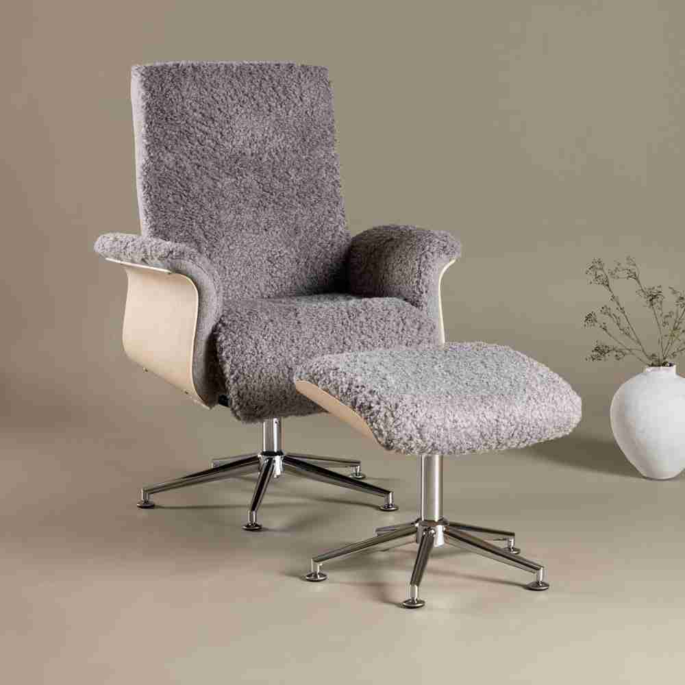 Nohr Fauteuil 'Arnoldo' Met voetenbank, Faux fur, kleur Grijs