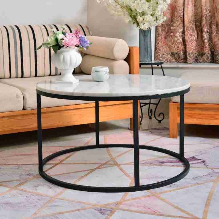 Artistiq Ronde Salontafel Yorick Wit Marmer en Staal, √ò85cm - Zwart