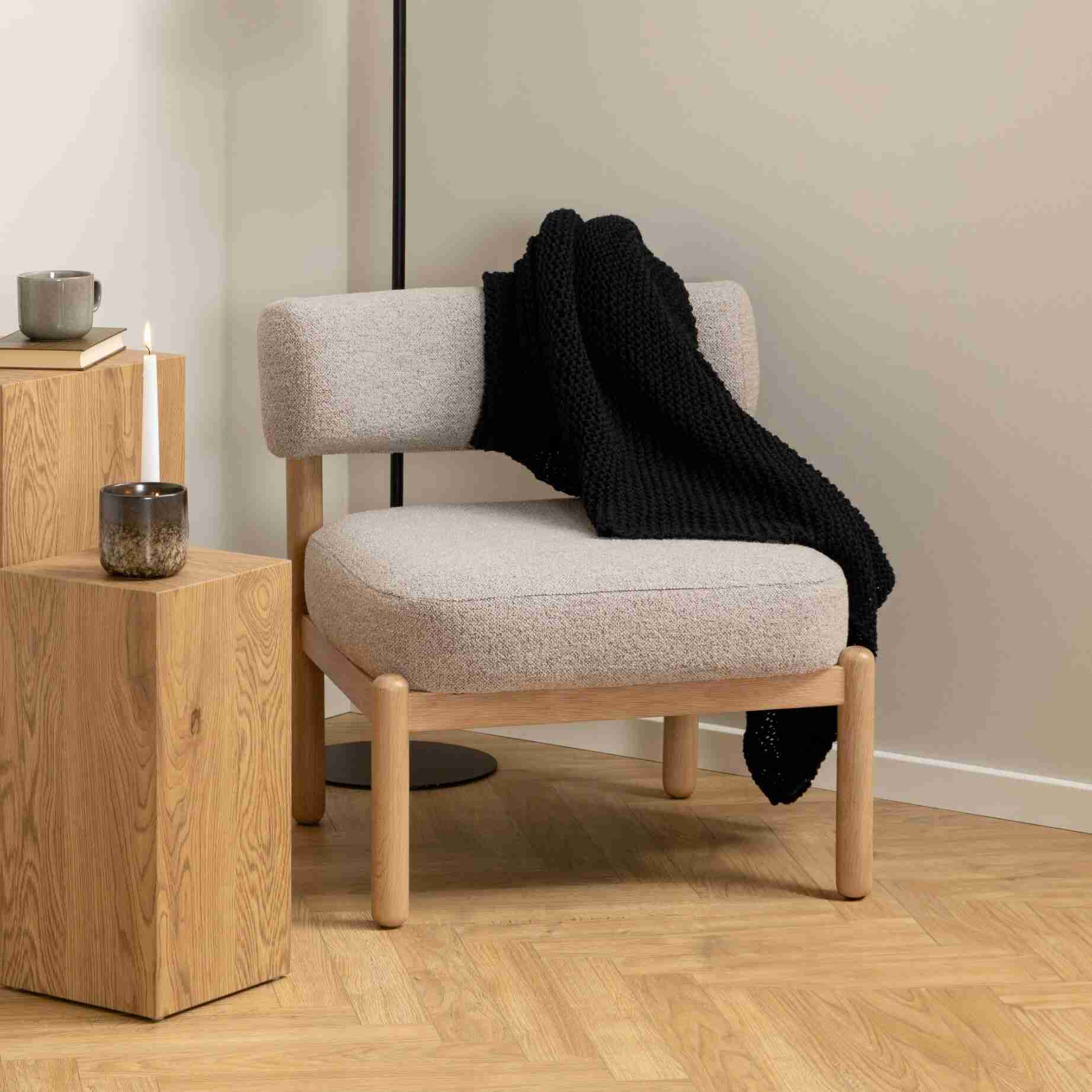 Bendt Fauteuil Conni, Eikenhout en bouclé - Beige - Japandi