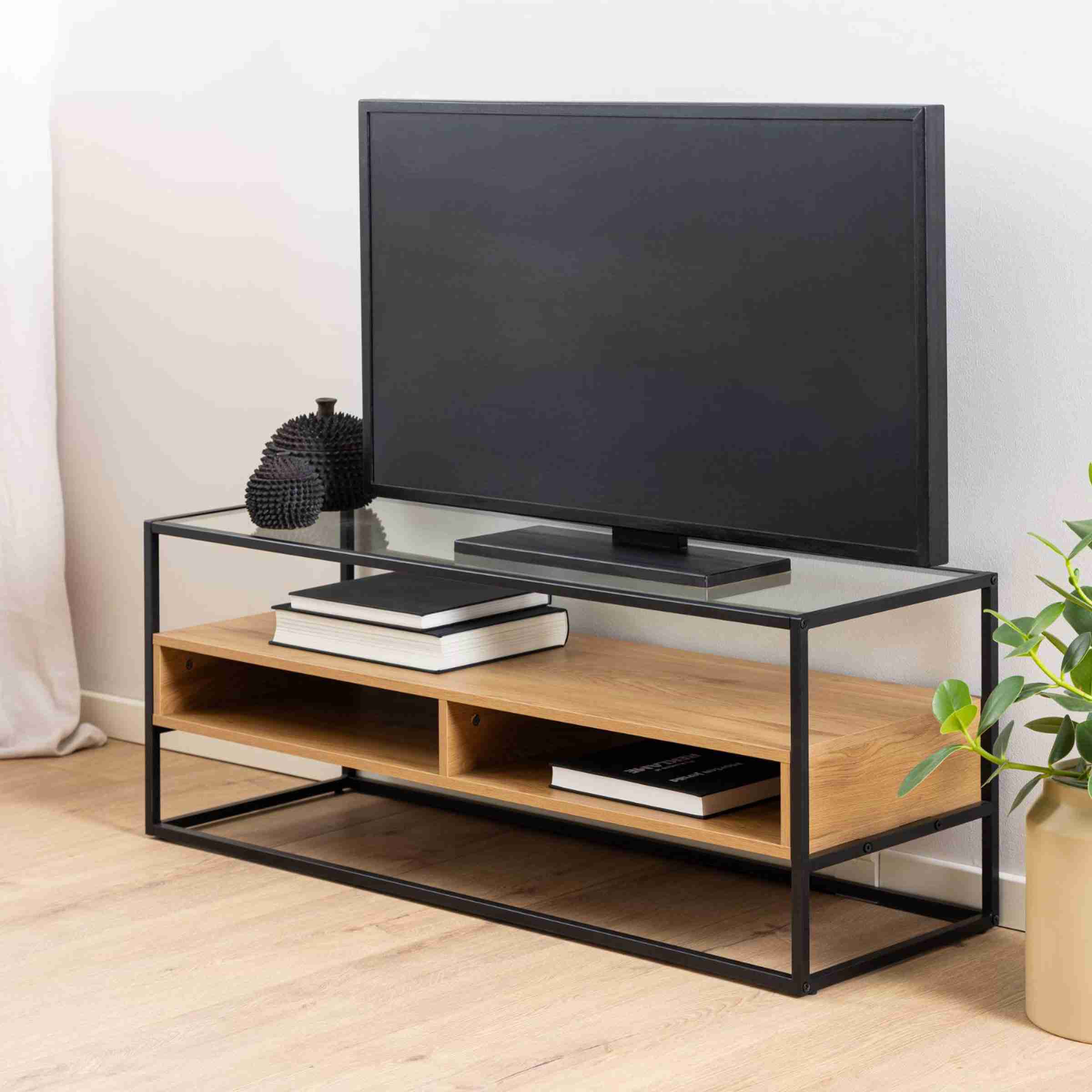 Bendt TV-meubel Maikel Eiken en glas, 120cm - Transparant