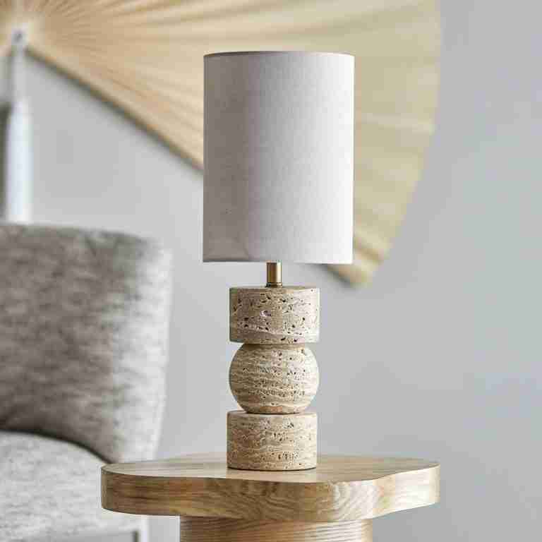 Bloomingville Tafellamp Marci Travertin en linnen, 53cm hoog - Naturel