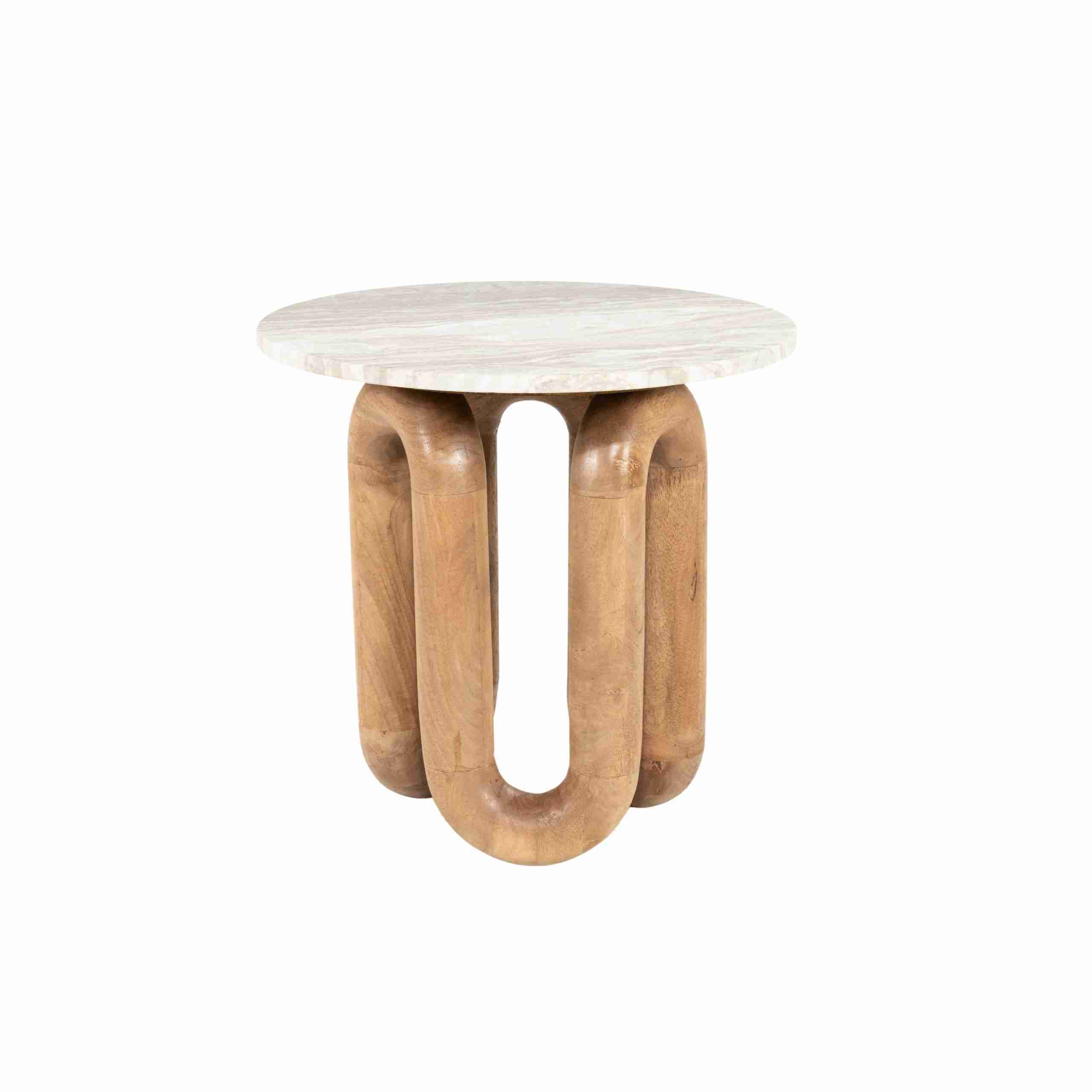 By-Boo Ronde Bijzettafel LoopStone Marmer en mangohout, 52cm - Natuurlijk