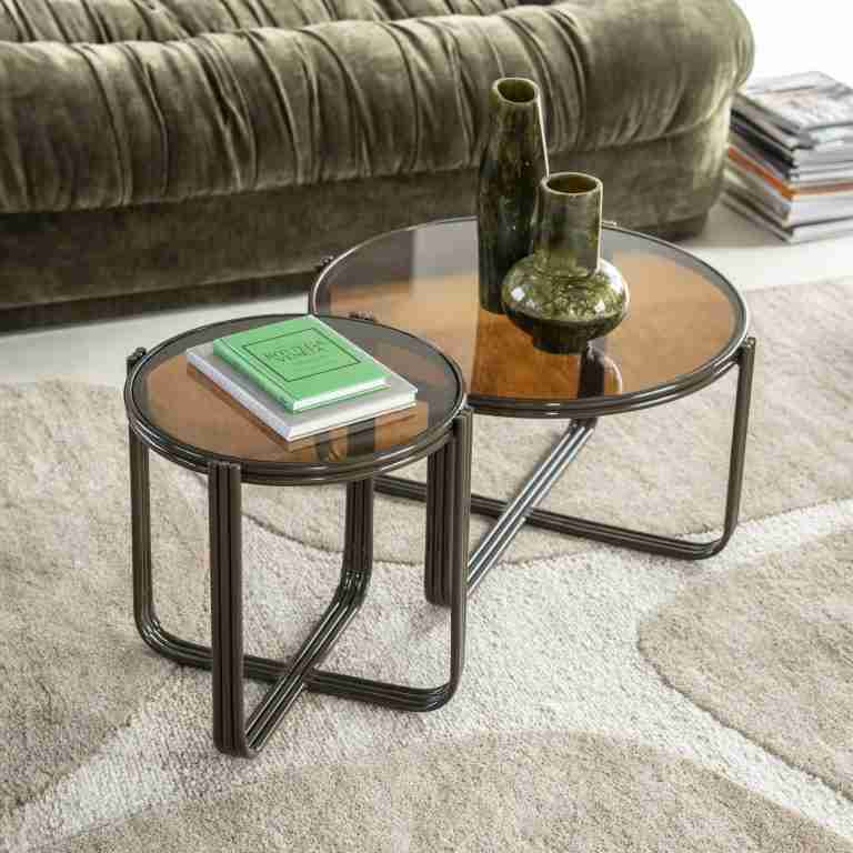 By-Boo Ronde Salontafel Groovy Set van 2 stuks, Glas - Bruin