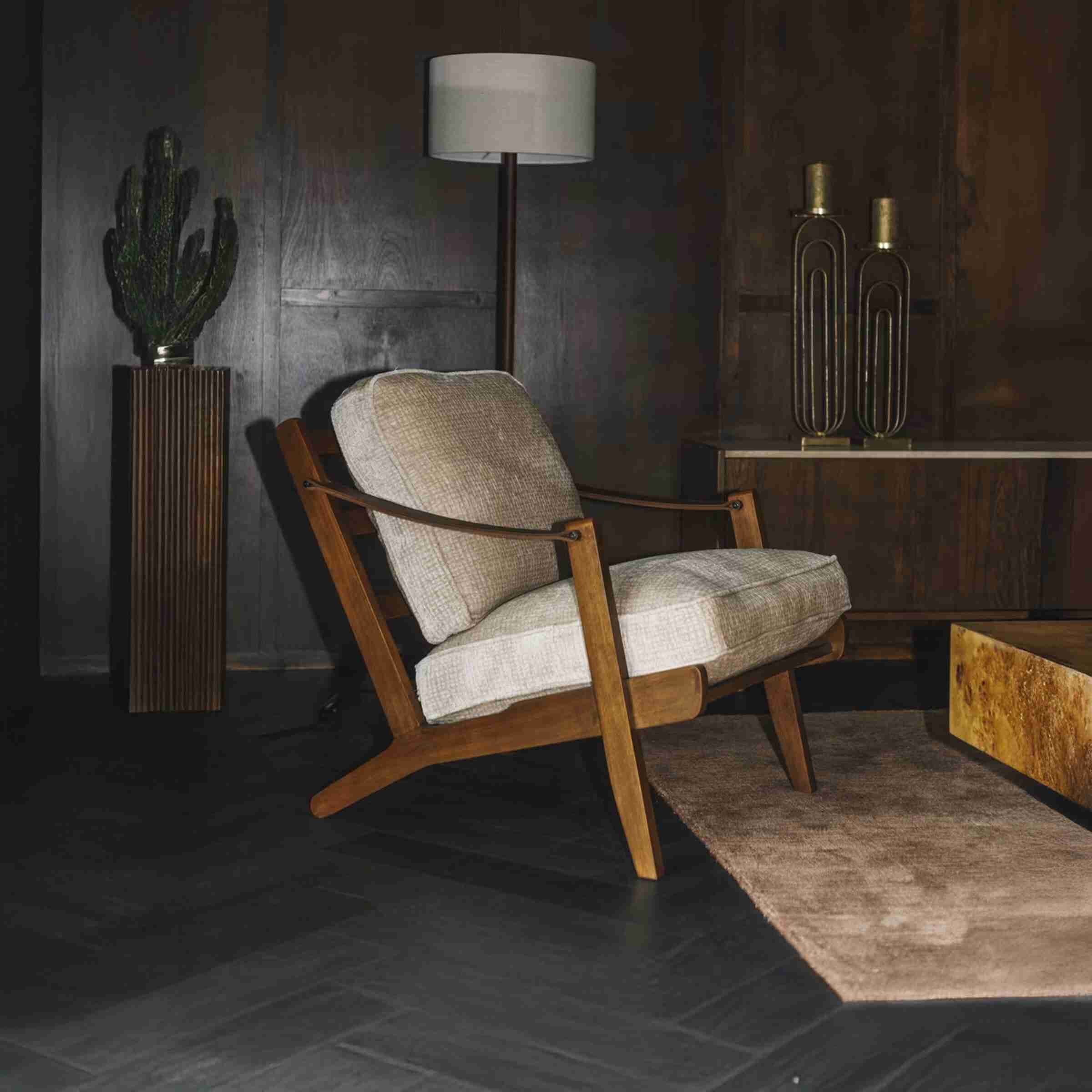 Dutchbone Fauteuil Washington Mangohout en geweven stof - Beige