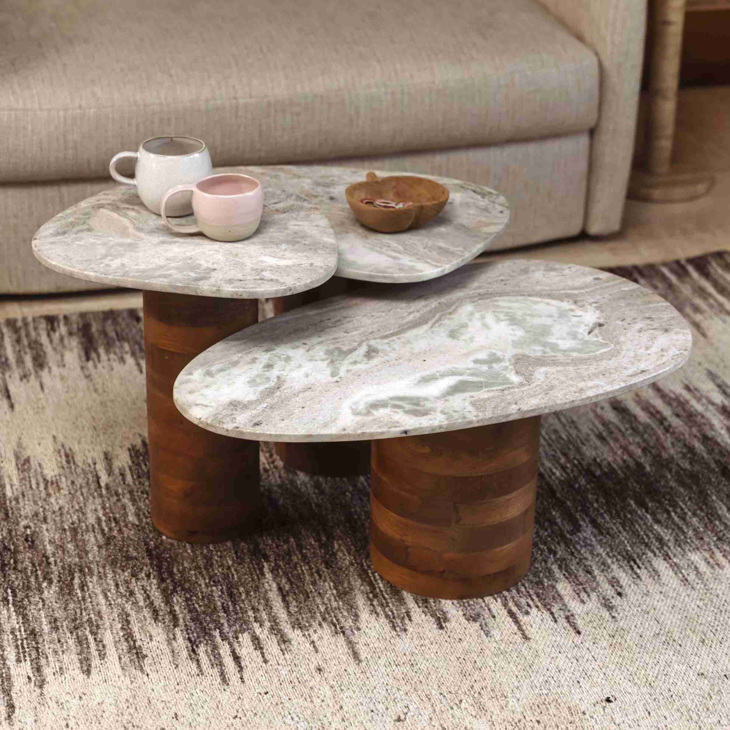 Dutchbone Organische Bijzettafel Suki Marmer en mangohout, Set van 3 stuks - Wit