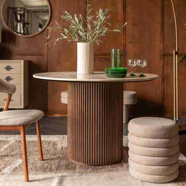 Dutchbone Ronde Eettafel Arda Walnoot en travertin, 115cm - Bruin