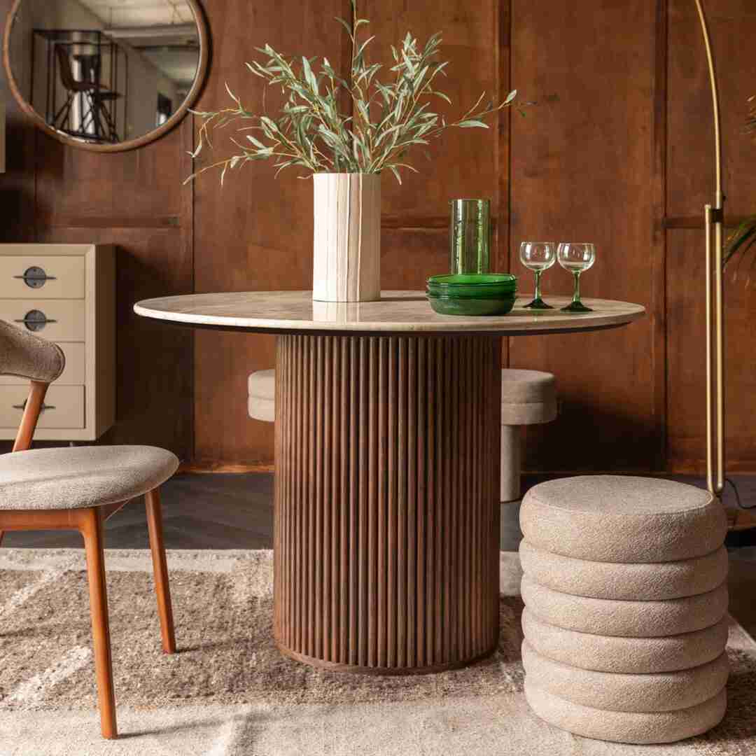 Dutchbone Ronde Eettafel Arda Walnoot en travertin, 115cm - Bruin