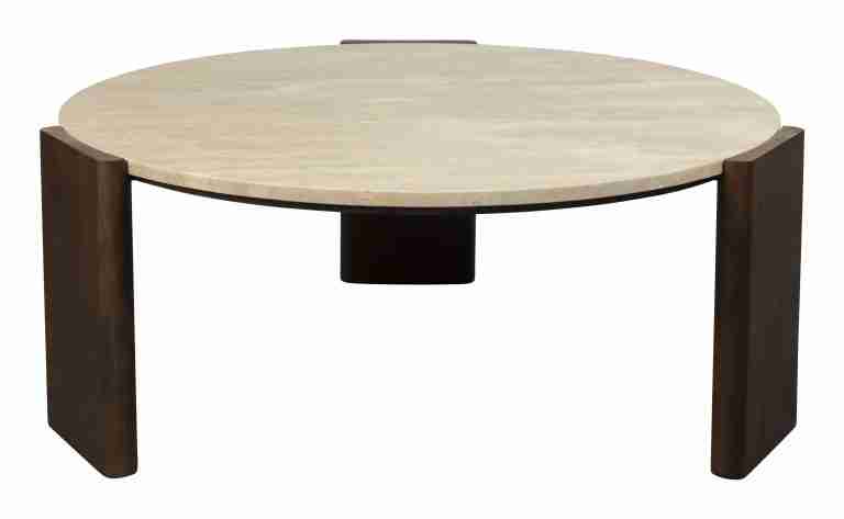 Dutchbone Ronde Salontafel Valcour Travertin en hout, 90cm - Bruin