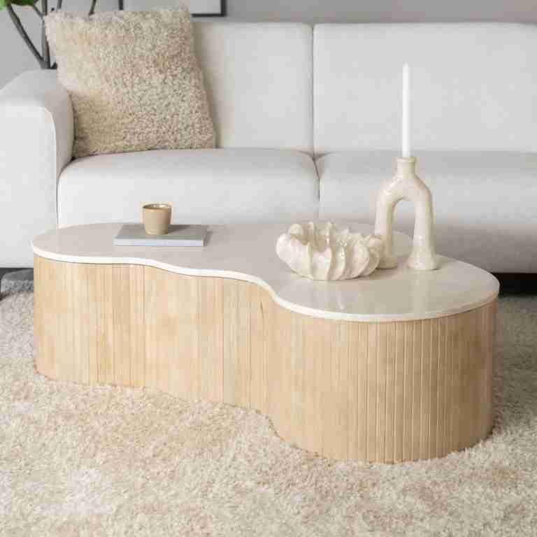 Eleonora Organische Salontafel Kira Mangohout en marmer, 129 x 84cm - Wit - Japandi